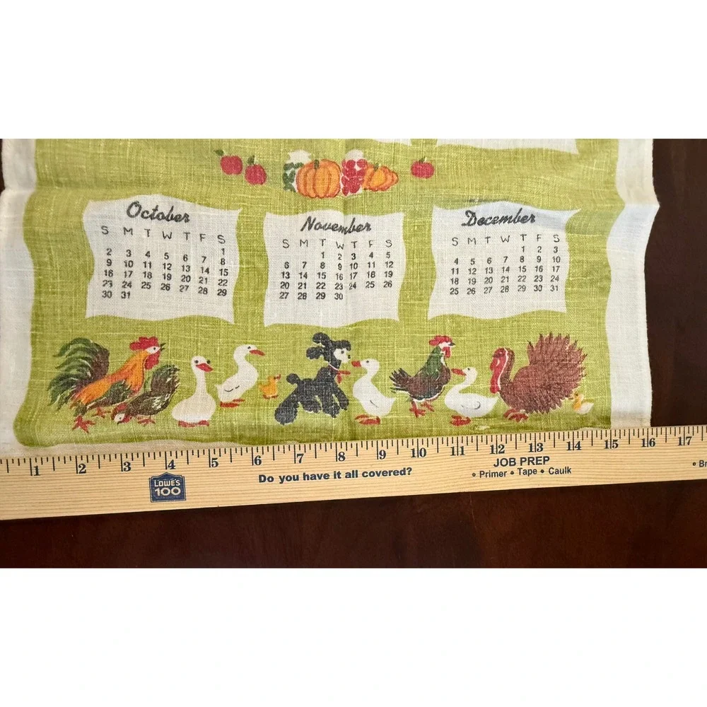 Vintage 1966 Peace and Plenty Linen Calendar Tea Towel Avocado Green Folk Art